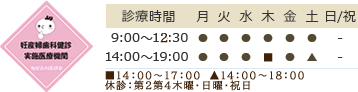 妊産婦歯科検診 粕屋歯科医師会 実施医療機関 受付時間 9:00～12:30 14:00～19:00 ■14:00～17:00　▲14:00～18:00 休診 日曜･祝日